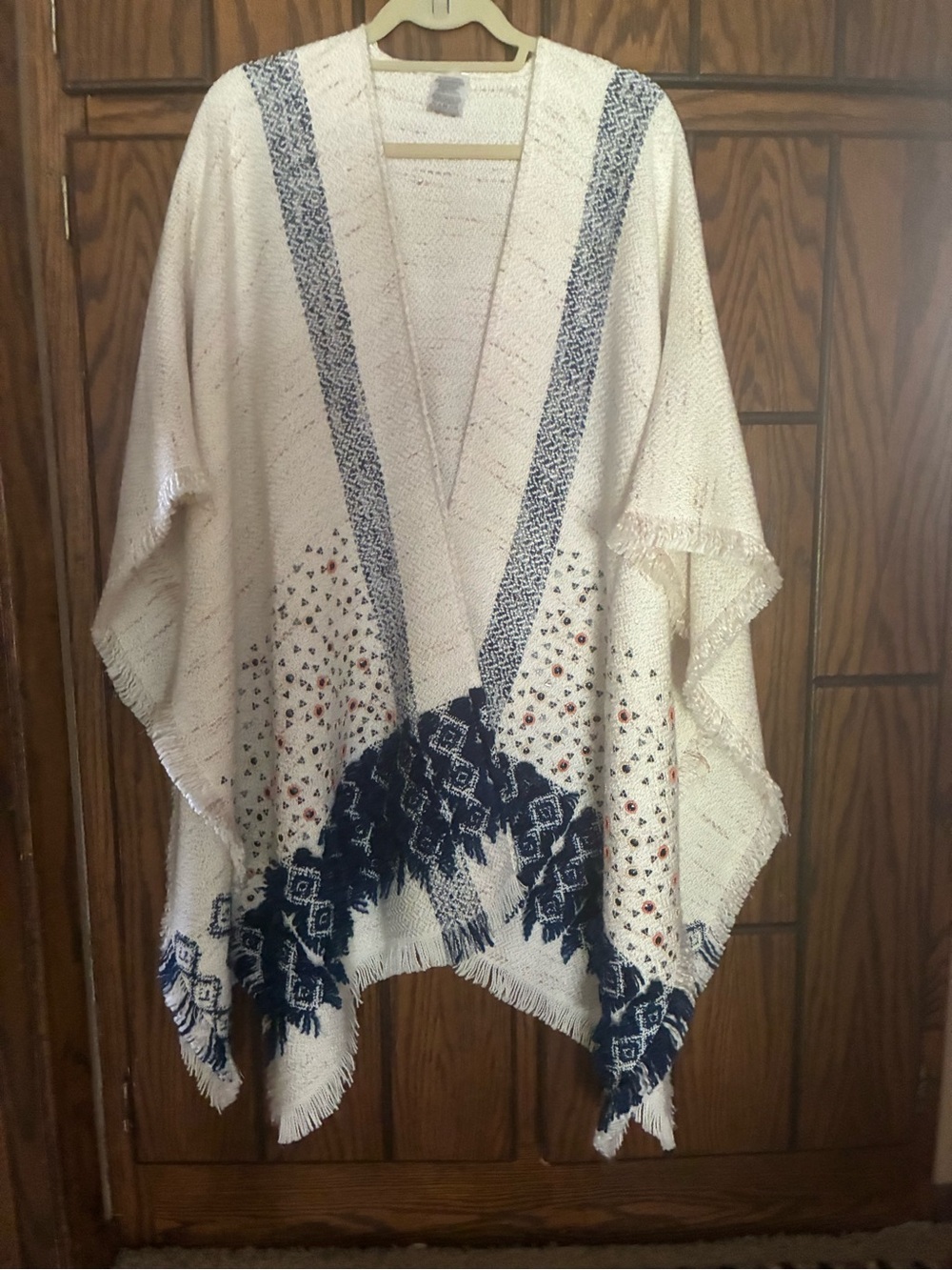 Anthropologie Cream & Navy Patterned Fringe Poncho